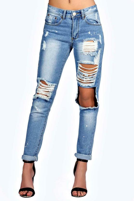 Sara Relaxed Fit Open Knee Boyfriend Jeans